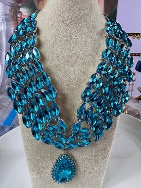 Statement Aqua Blue Crystal Bib Necklace